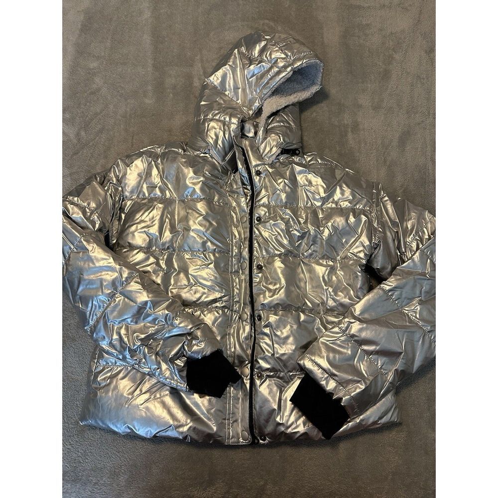 Aerie Offline Puffer Jacket Women Small Hooded Sherpa Lined Shiny Silver Zip